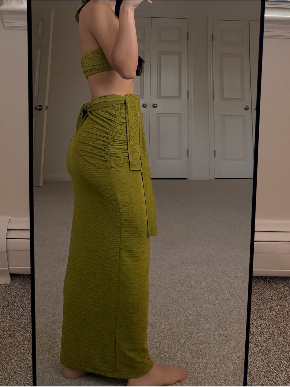 Olive Green Tie-Waist Maxi Skirt and crop top set - Picture 2 of 5